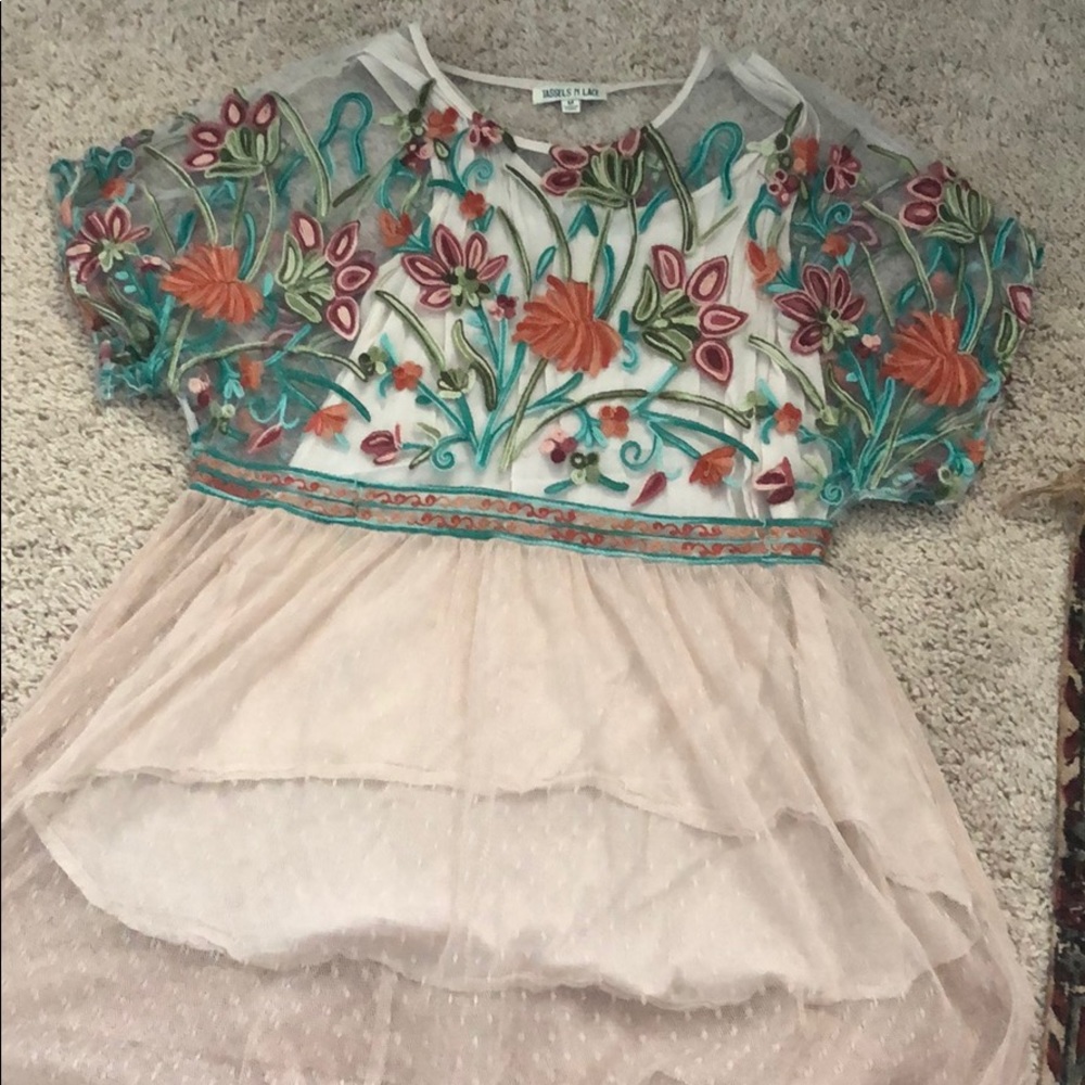 Tan flowy embroidered top, long